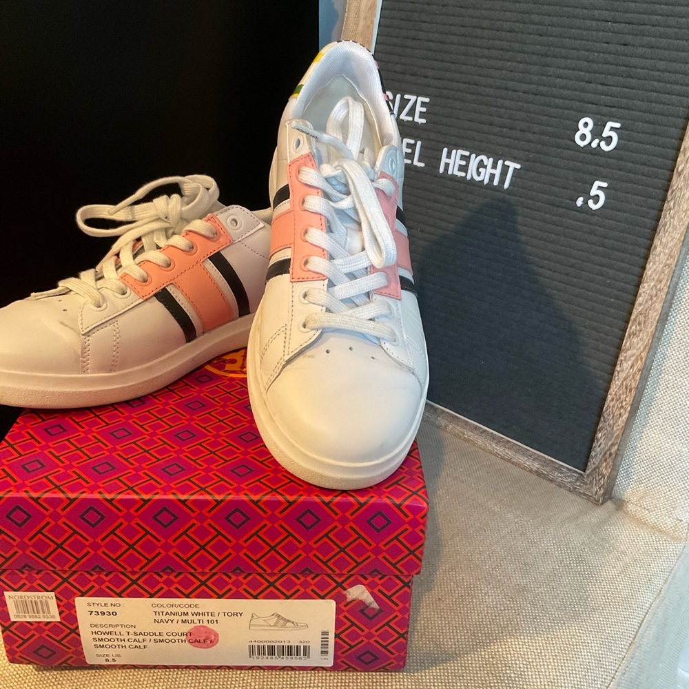 Tory Birth Howell T-Saddle Court Sneakers (Pink & White)